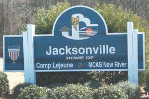 Sign of Camp Lejeune and MCAS New River in Jacksonville, North Carolina