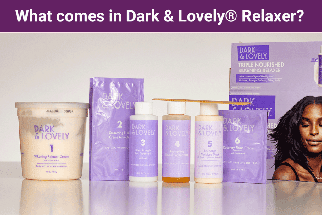 What comes are in Dark & Lovely hair relaxer? Dark & Lovely relaxer comes with up to 6 different products that may contain several endocrine disrupting chemicals.