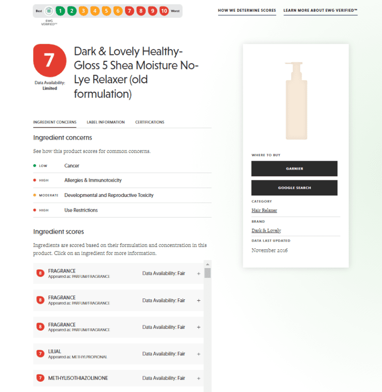 Dark & Lovely received a hazardous 7 out of 10 safety rating from the Environmental Working Group based on chemicals used int he hair relaxer. 